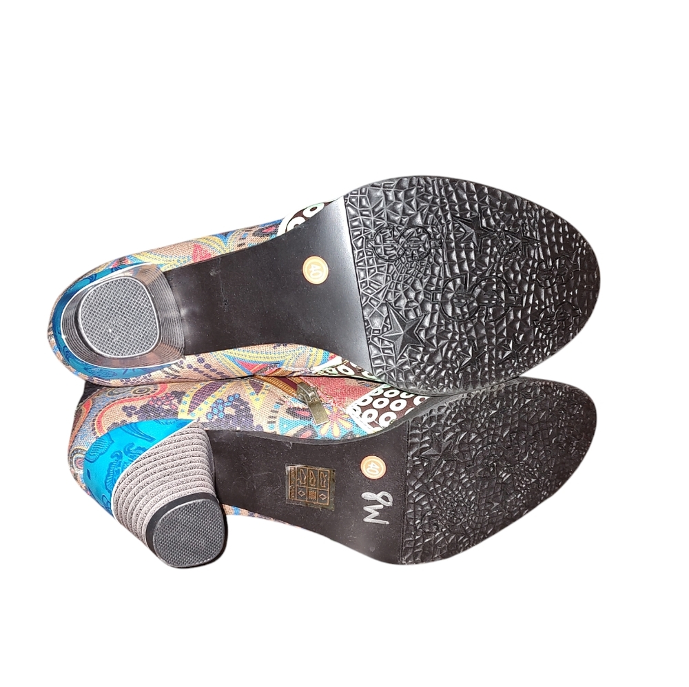 Vintage Embossed Vegan Leather Ankle Boots with Turquoise Color Buttons - Picture 3 of 4